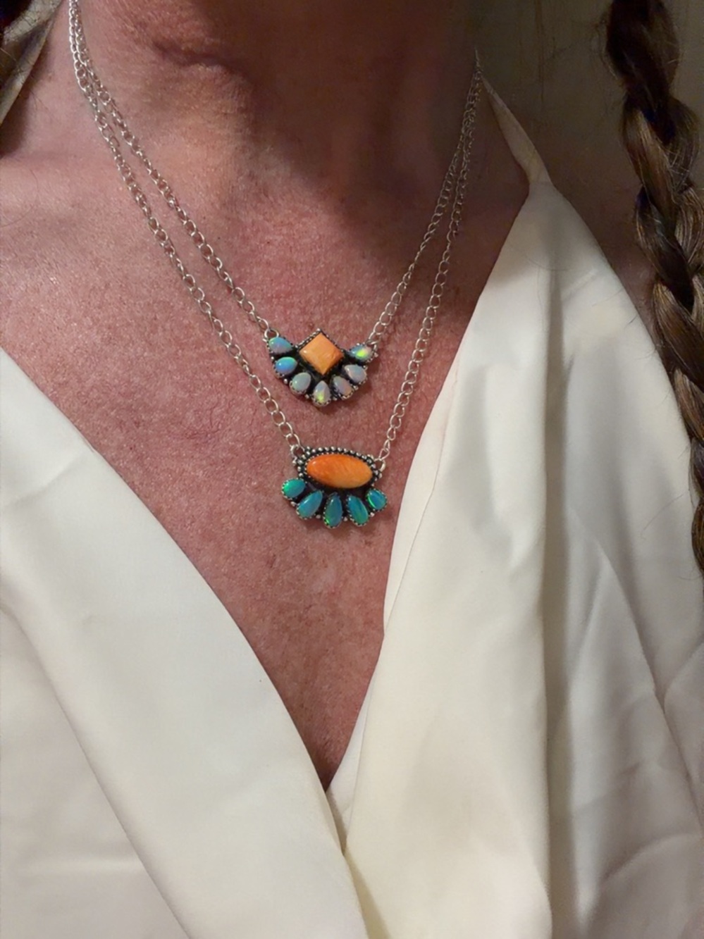Sterling Sliver-Style Orange Spiny and Blue Opal Pendant Necklace - Picture 6 of 6